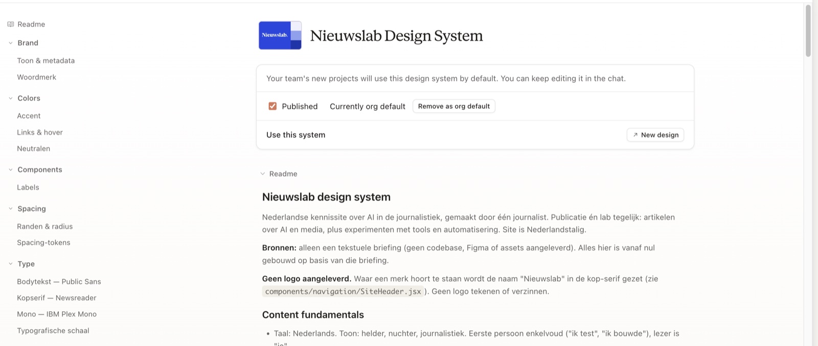 Het design system van Nieuwslab met de kleurenpaletten en typografie